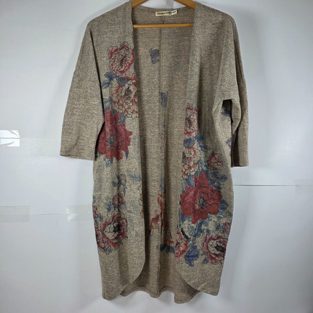 Ginger G Cardigan Women's Large Floral Knit Short Sleeve Open Front boho